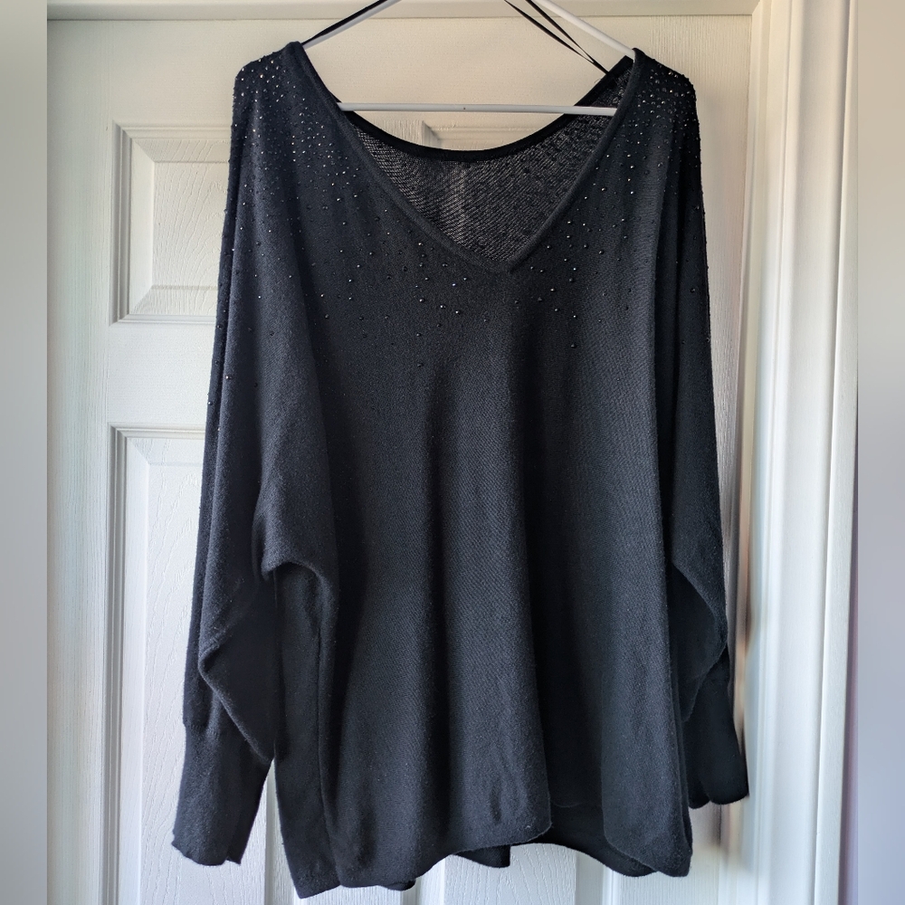 Black Beaded V-Neck Sweater